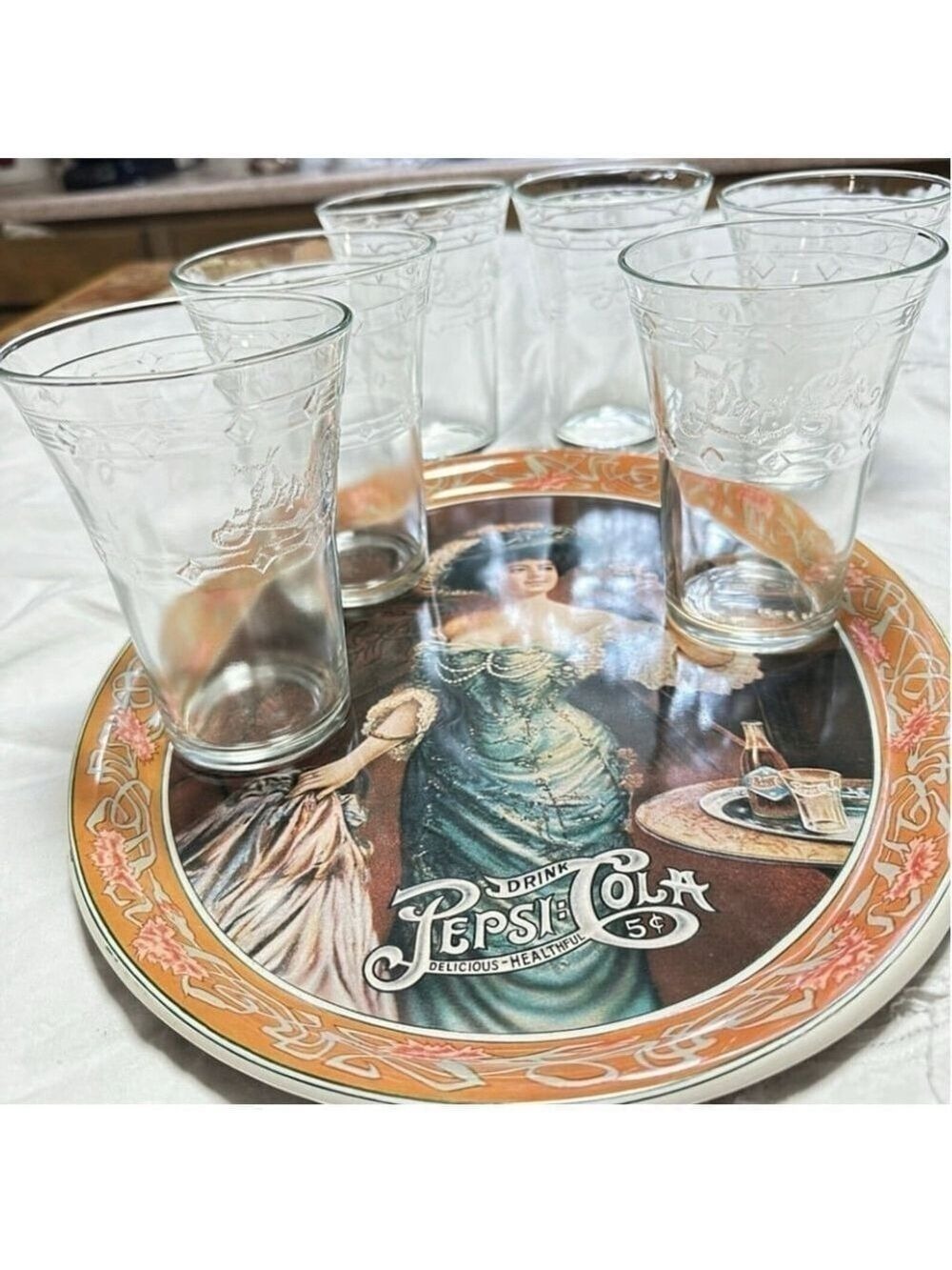 Pepsi Cola Fountain Drinking Glasses Embossed Script Logo Flare Collectors Vinta